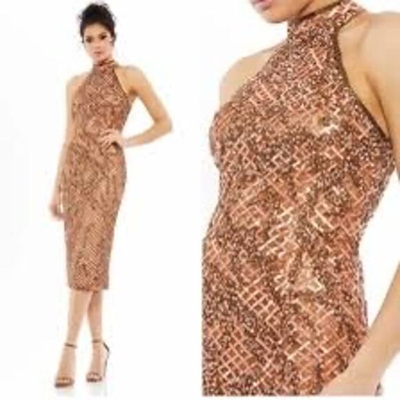 NEW Mac Duggal 5535 Lattice Sequin Halter Midi Dress - Copper - Size 4 - Picture 1 of 9